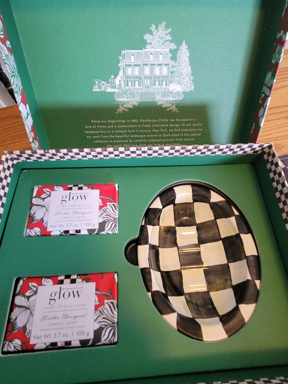 MacKenzie-Childs Black and White Check Ceramic Soap Dish with Red Accent Soaps